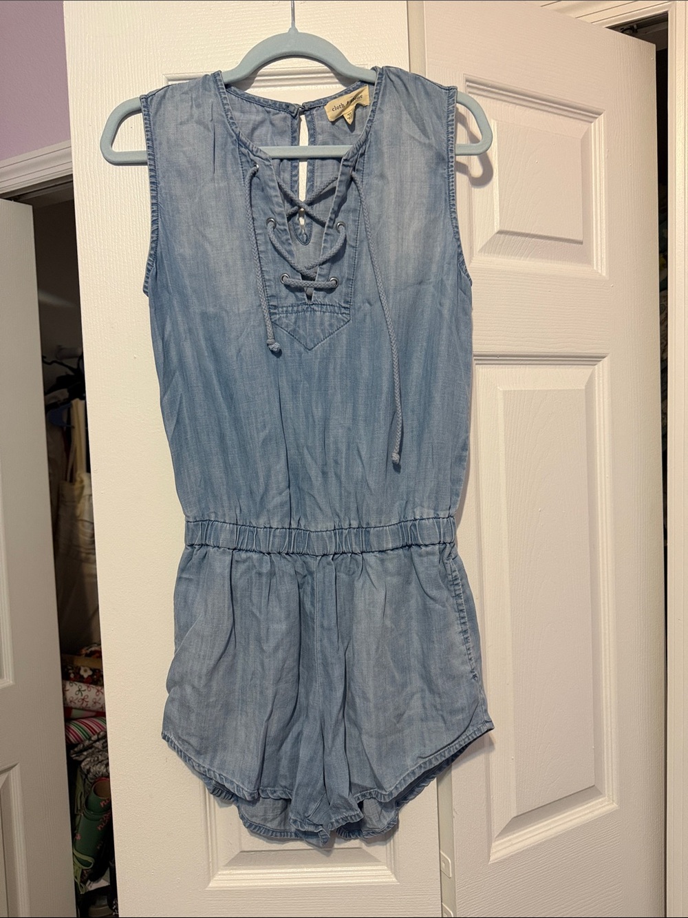 Anthropologie cloth & stone Light Blue Chambray Lace-Up Romper Bodysuit